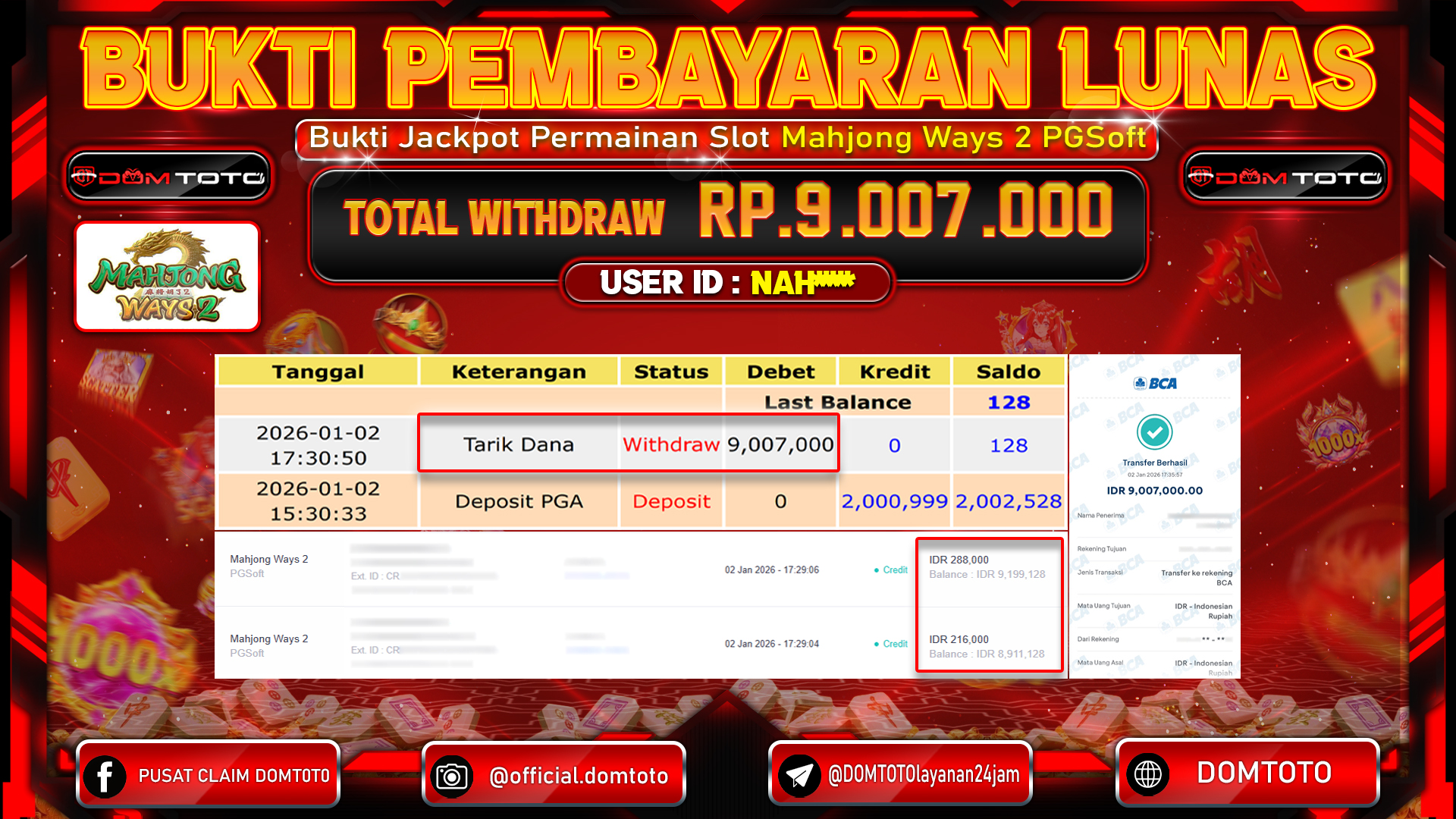 JACKPOT Slot Mahjong Ways 2 PGSoft 2 JANUARI 2026